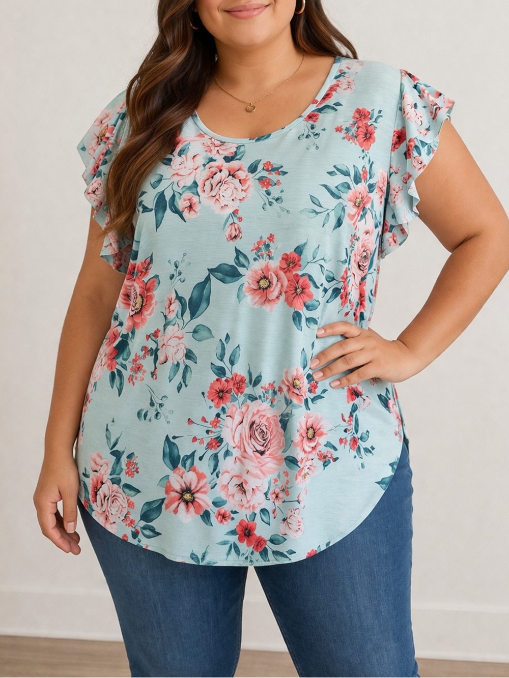 HEIMISH USA Mint Floral‎ Ruffle Sleeve Top